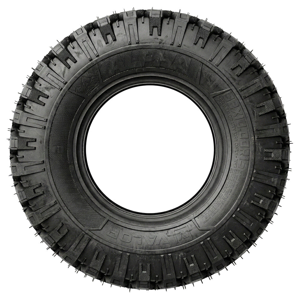 Full sidewall view of the 32x10R15 Valor Alpha all-terrain 8-ply radial SXS tire, designed for toughness and versatility, made with reinforced sidewalls and tread face, and engineered and manufactured in the USA.