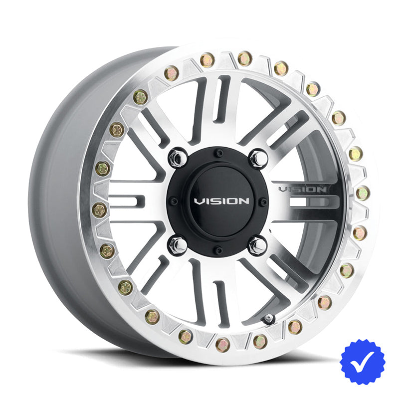 Angled view of the VISON 356BL Manx2 beadlock UTV and SXS wheel, offered in 14" and 15" rim sizes, in machined finish with black center cap and multiple bolt patterns with limited lifetime warranty and free shipping.
