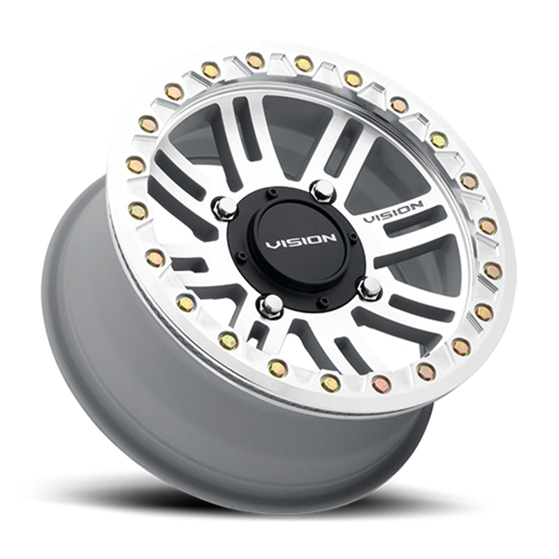 Angled view of the Manx2 356 Beadlock wheel in machined finish and available in 14" and 15" wheel sizes, manufactured by VISION wheel.