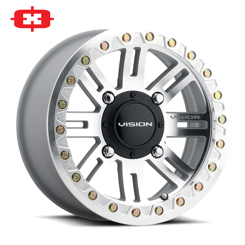 The VISON 356BL Manx2 beadlock UTV and SXS wheel, offered in 14" and 15" rim sizes, in machined finish with black center cap.