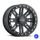Angled view of the VISON 356BL Manx2 beadlock UTV and SXS wheel, offered in 14" and 15" rim sizes, in satin black finish with black center cap and multiple bolt patterns with limited lifetime warranty and free shipping.
