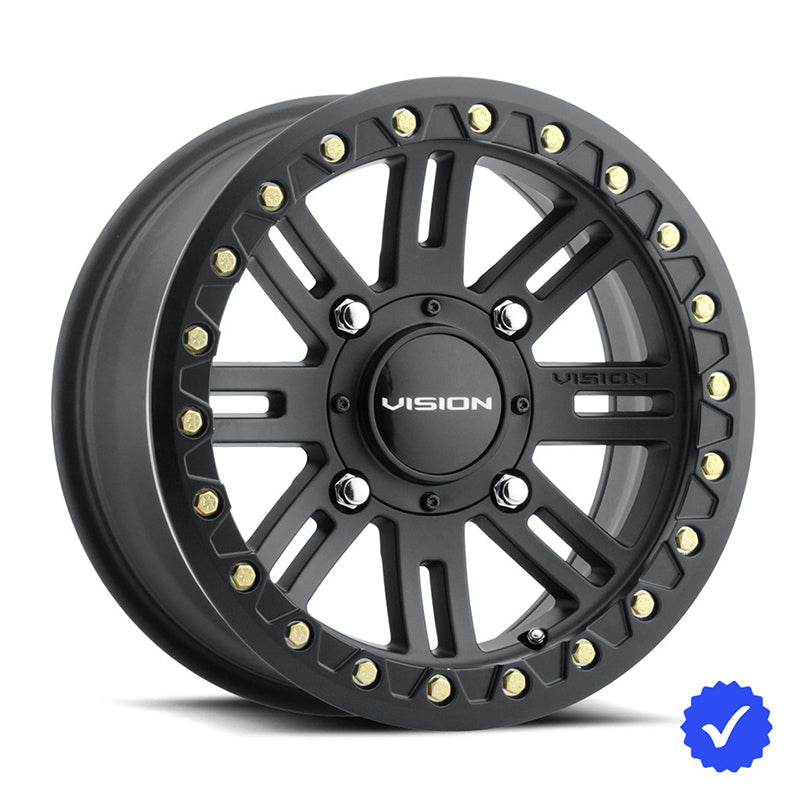 Angled view of the VISON 356BL Manx2 beadlock UTV and SXS wheel, offered in 14" and 15" rim sizes, in satin black finish with black center cap and multiple bolt patterns with limited lifetime warranty and free shipping.