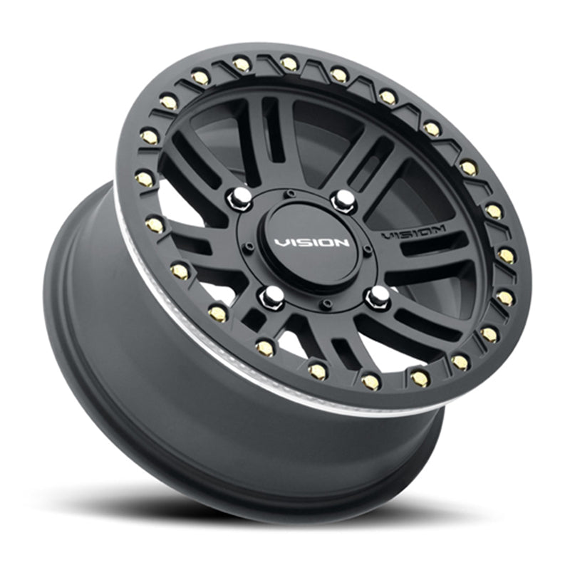 Angled view of the Manx2 356 Beadlock wheel in satin black finish and available in 14" and 15" wheel sizes, manufactured by VISION wheel.