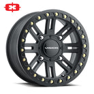The Satin Black finish VISON 356BL Manx2 beadlock UTV and SXS wheel, offered in 14" and 15" rim sizes, and black center cap.