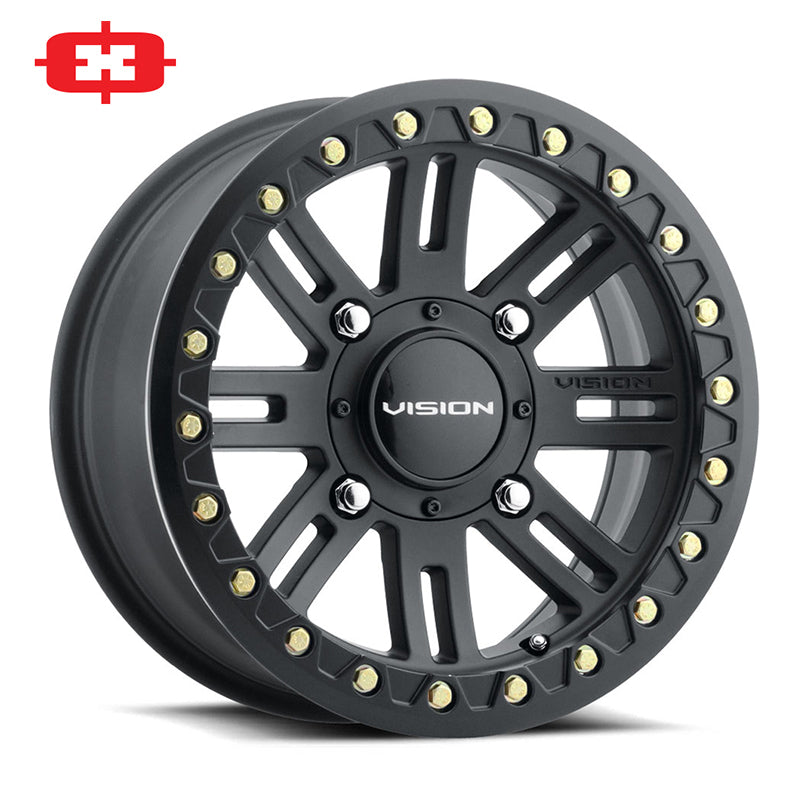 The Satin Black finish VISON 356BL Manx2 beadlock UTV and SXS wheel, offered in 14" and 15" rim sizes, and black center cap.