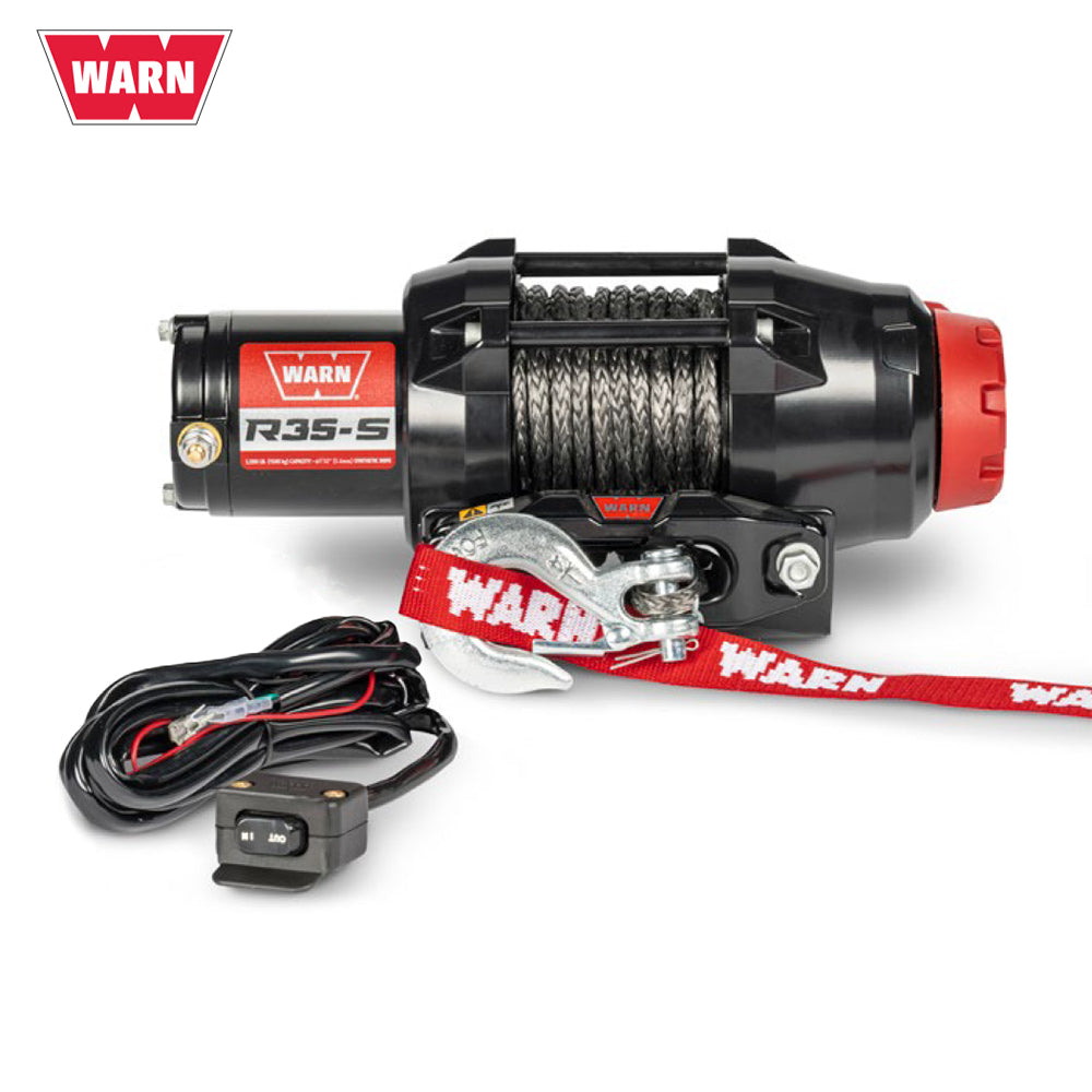 Main product photo of the all new Warn R35-S UTV winch with 3,500 lb capacity and 50' synthetic cable with Hawse fairlead and 5-year warranty, offered with free shipping by Ride or Die Tire, Part #110030.