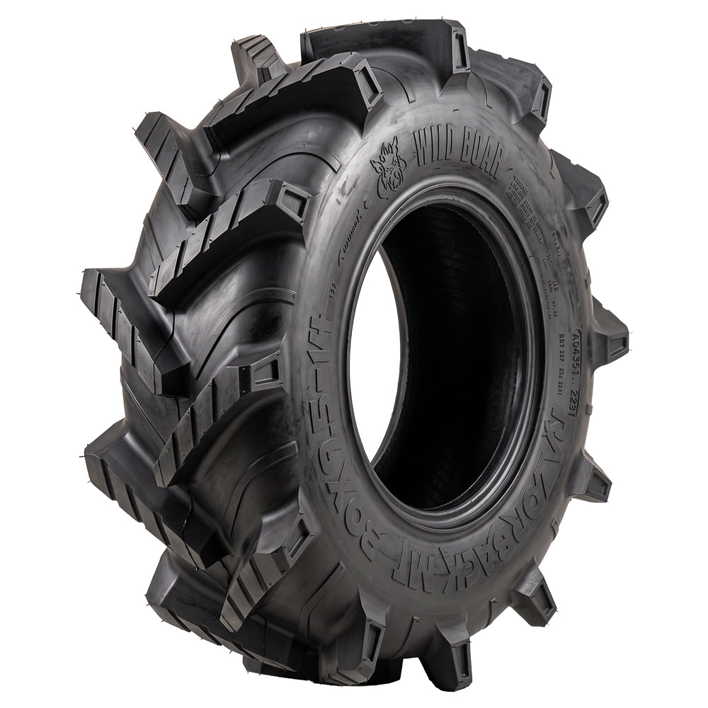 High quality angled view of the extreme mud terrain Wild Boar Razorback M/T UTV, ATV, and SXS tire, featuring 2" deep lug depth and weight saving construction, available for 14" and 20" rims, offered with fast and free shipping.