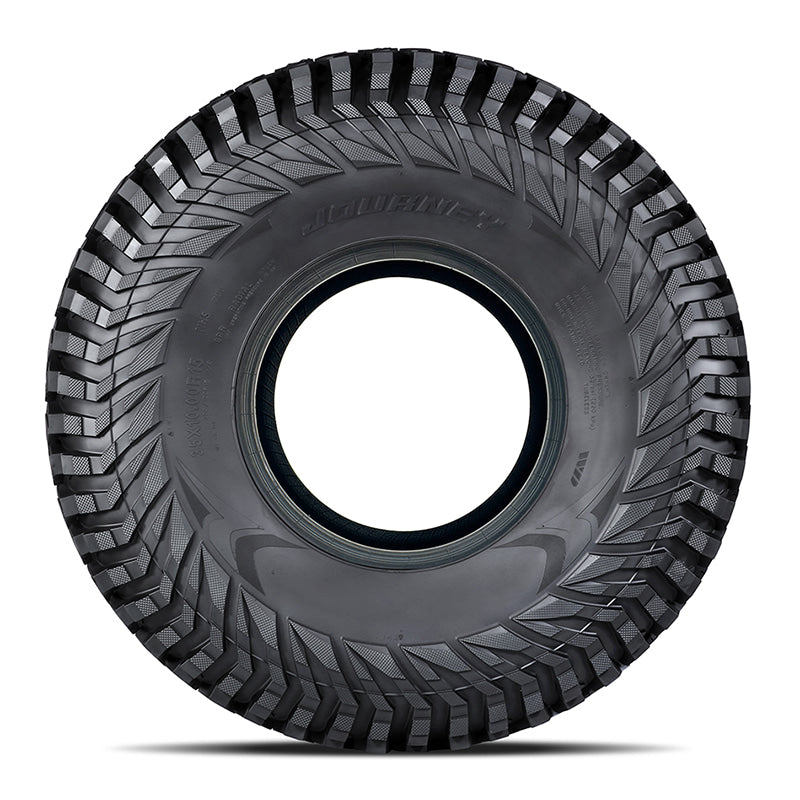 Sidewall view of the WWL31 Rock Poison rock crawling high performance UTV and SXS tire by Journey, showcasing the rugged wrap-around staggered shoulder lug design and attractive sidewall.