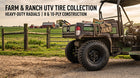 Image of a utv with a farm in the background, main image for heavy duty farm and ranch utv radial tires.