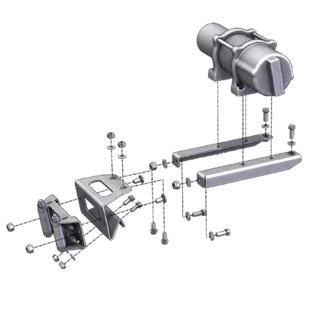 Exploded diagram view of the winch mount kit by KFI Products, designed for compatibility with a variety of winch models mounted to Polaris RZR 570 and 800 model UTVs, offered with free shipping by Ride or Die Tire.
