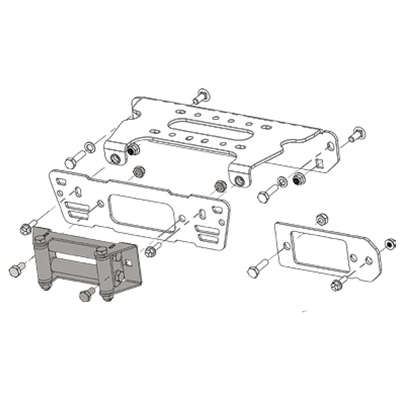 Polaris KFI winch mount 101345 expanded diagram of components included in the kit sold by Ride or Die Tire, all with free shipping.