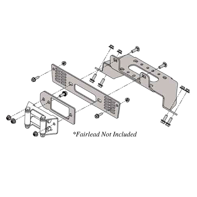 Exploded and expanded view of the #101560 KFI winch mount bracket designed for Polaris Ranger model UTVs, fairlead not included, offered with free shipping by Ride or Die Tire.