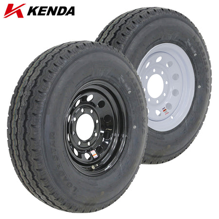 Kenda KR18 H/D Radial Load Range F 235/85R16 12-Ply Steel Belted Radial ST trailer tire mounted assembly on your choice of white or black steel MOD wheel with 8x6.5 bolt pattern, offered with free shipping by Ride or Die Tire at unbeatable prices.