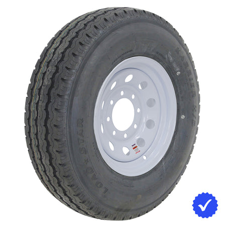 Kenda KR18 H/D Radial Load Range F 235/85R16 12-Ply Steel Belted Radial ST trailer tire mounted assembly on white steel MOD wheel with 8x6.5 bolt pattern, offered with free shipping by Ride or Die Tire at unbeatable prices, part numbers 20789 and 10501.