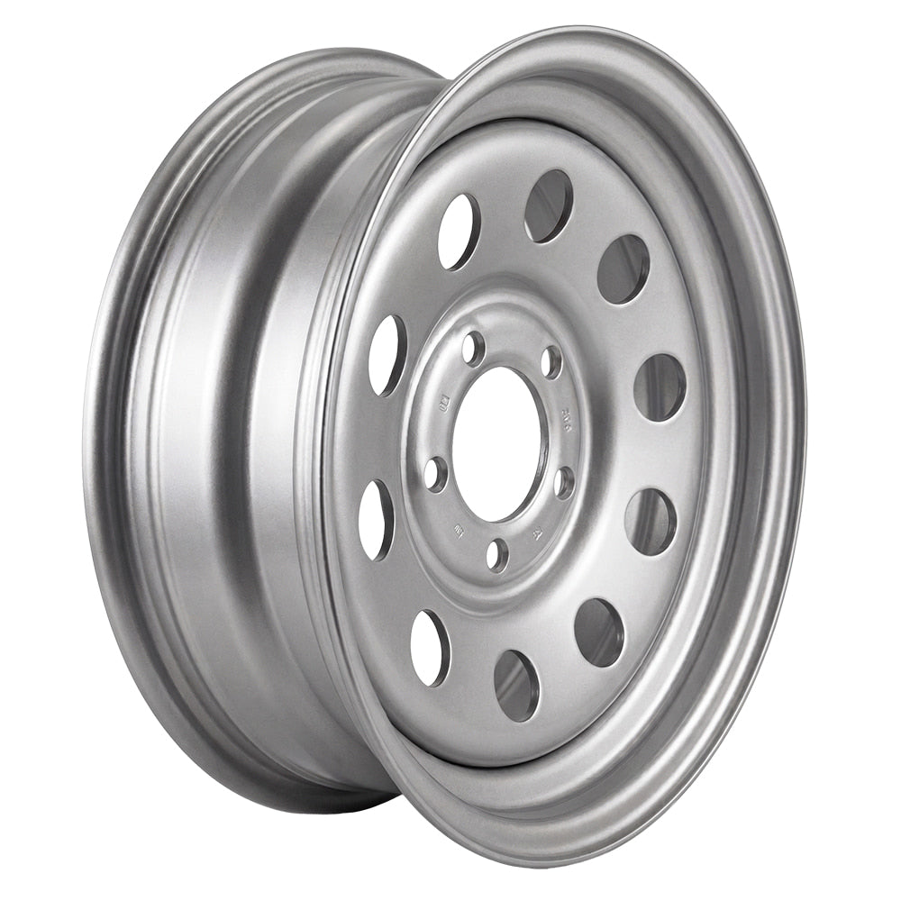 Angled view of the silver finish 15x5JJ MOD style trailer wheel in a 5 on 5 bolt pattern, with zero offset, featuring a 2,150 load rating and free shipping.