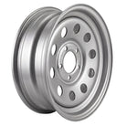 Angled view of the silver finish 15x5JJ MOD style trailer wheel in a 5 on 5 bolt pattern, with zero offset, featuring a 2,150 load rating and free shipping.