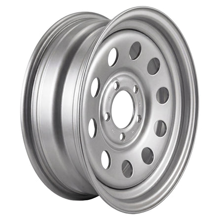 Angled view of the silver finish 15x5JJ MOD style trailer wheel in a 5 on 5 bolt pattern, with zero offset, featuring a 2,150 load rating and free shipping.