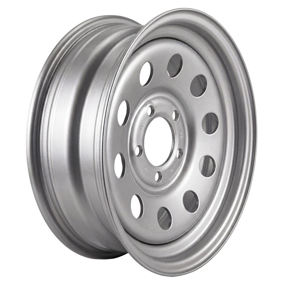 Angled view of the silver finish 15x5JJ MOD style trailer wheel in a 5 on 5 bolt pattern, with zero offset, featuring a 2,150 load rating and free shipping.