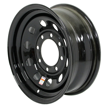 Angled view of 16x6k MOD black steel wheel with 8-6.5 bolt pattern and 4,400lb load rating paired with Load Range F (LRF) KR18 heavy duty 235/85-16 radial Loadstar tire.