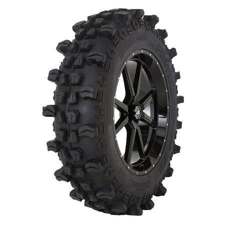 Angled view of the mounted wheel and tire combo designed for UTV and SXS applications by Frontline in 20" 556 Wheel and 35" tall ACP tire.