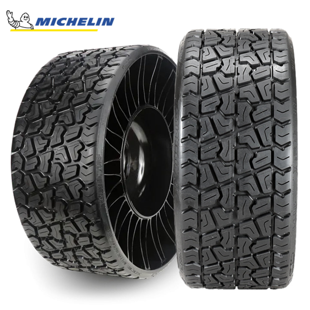 Main photo featuring the heavy duty utility and ZTR/mower Michelin XTweel airless tire in 22x11-12 (22x11N12) size with 4x4 bolt pattern, designed for utility carts and zero turns, offered with free shipping, Part #37968.