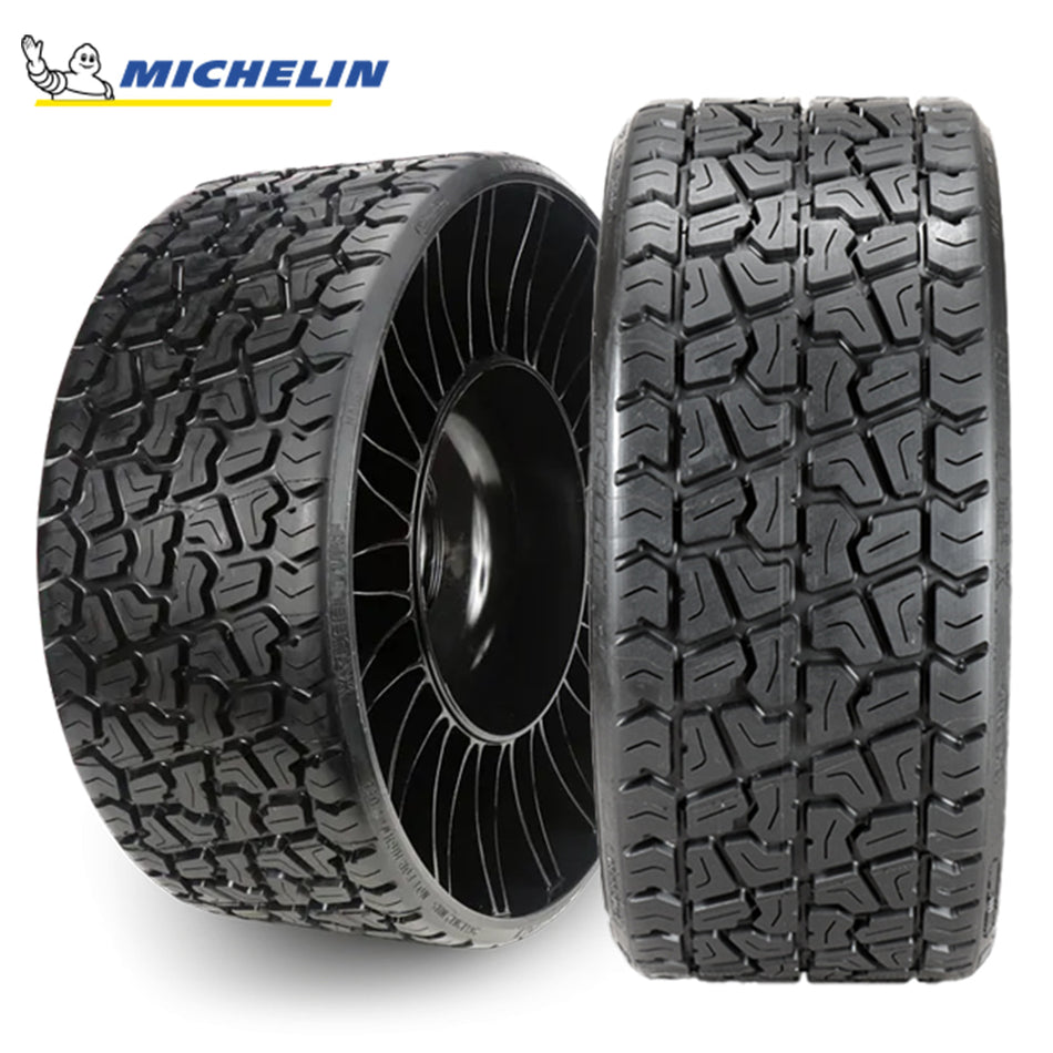 Main photo featuring the heavy duty utility and ZTR/mower Michelin XTweel airless tire in 22x11-12 (22x11N12) size with 4x4 bolt pattern, designed for utility carts and zero turns, offered with free shipping, Part #37968.