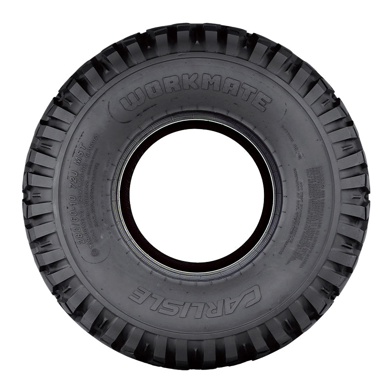 Sidewall detailed view of the Carlisle WorkMate HD 8-ply bias utility tire with 72J load and speed rating and extreme puncture resistance, offered with free shipping, in 23x11-10 size.