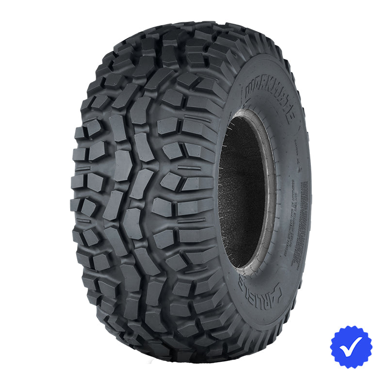 Angled view of the extra rugged and durable 8-ply UTV tire, with bias construction and heavy duty design, speed, and load rating, model Carlisle Work Mate, offered with free shipping in 23x11-10 sizing for 10" rims, Item #6P16361.