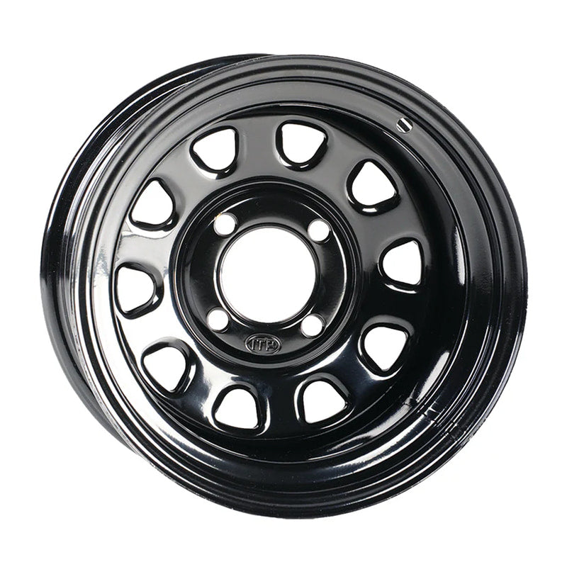 14"x7" ITP Delta Steel UTV wheel, in gloss black finish, and featuring 4x110 bolt pattern and standard negative offset 2+5, offered with free shipping by Ride or Die Tire, Item #D14R511 and Manufacturer #1425544014B.