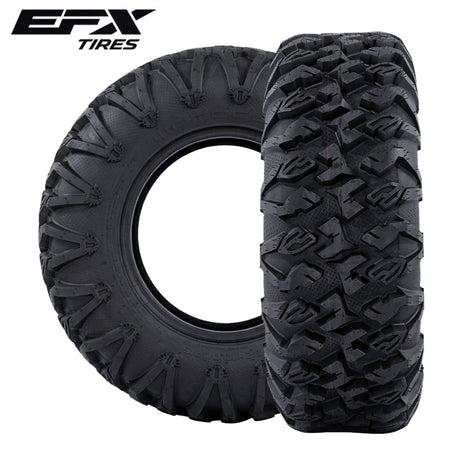 Two EFX MotoClaw UTV & ATV tires at perpendicular angles with EFX Tires logo