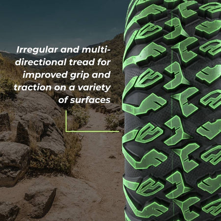Tread pattern of the EFX MotoClaw highlighted green with text saying "Irregular and multi-directional tread for improved grip and traction on a variety of surfaces"