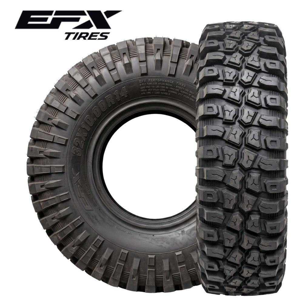EFX MotoCrusher UTV tires perpendicular to each other with EFX logo on white background