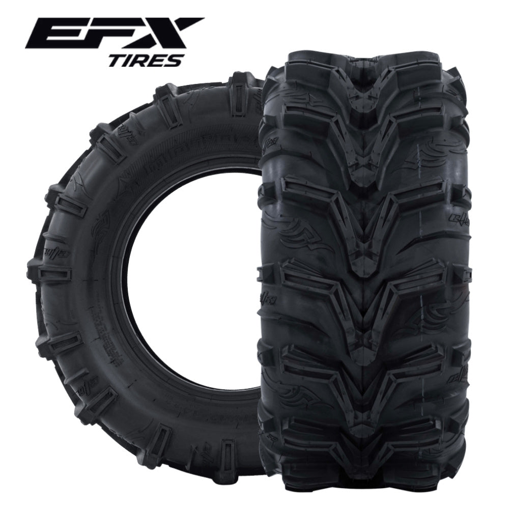 Two black all-terrain EFX Motomax ATV tires shown on a white background, with the EFX Tires logo in the top left corner. One tire is shown upright to display its aggressive tread pattern, and the other is shown in profile to display its sidewall and tread design.