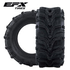 Two black all-terrain EFX Motomax ATV tires shown on a white background, with the EFX Tires logo in the top left corner. One tire is shown upright to display its aggressive tread pattern, and the other is shown in profile to display its sidewall and tread design.