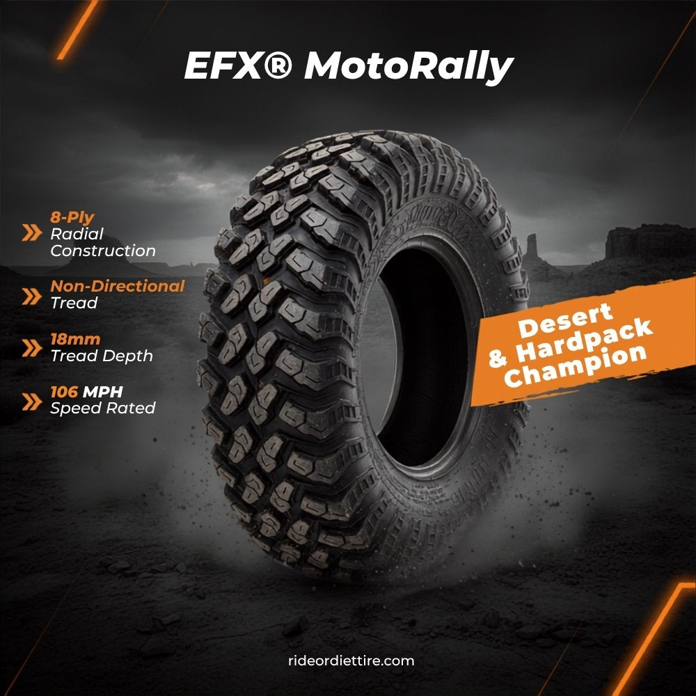 EFX MotoRally tire promotional image highlighting distinct features
