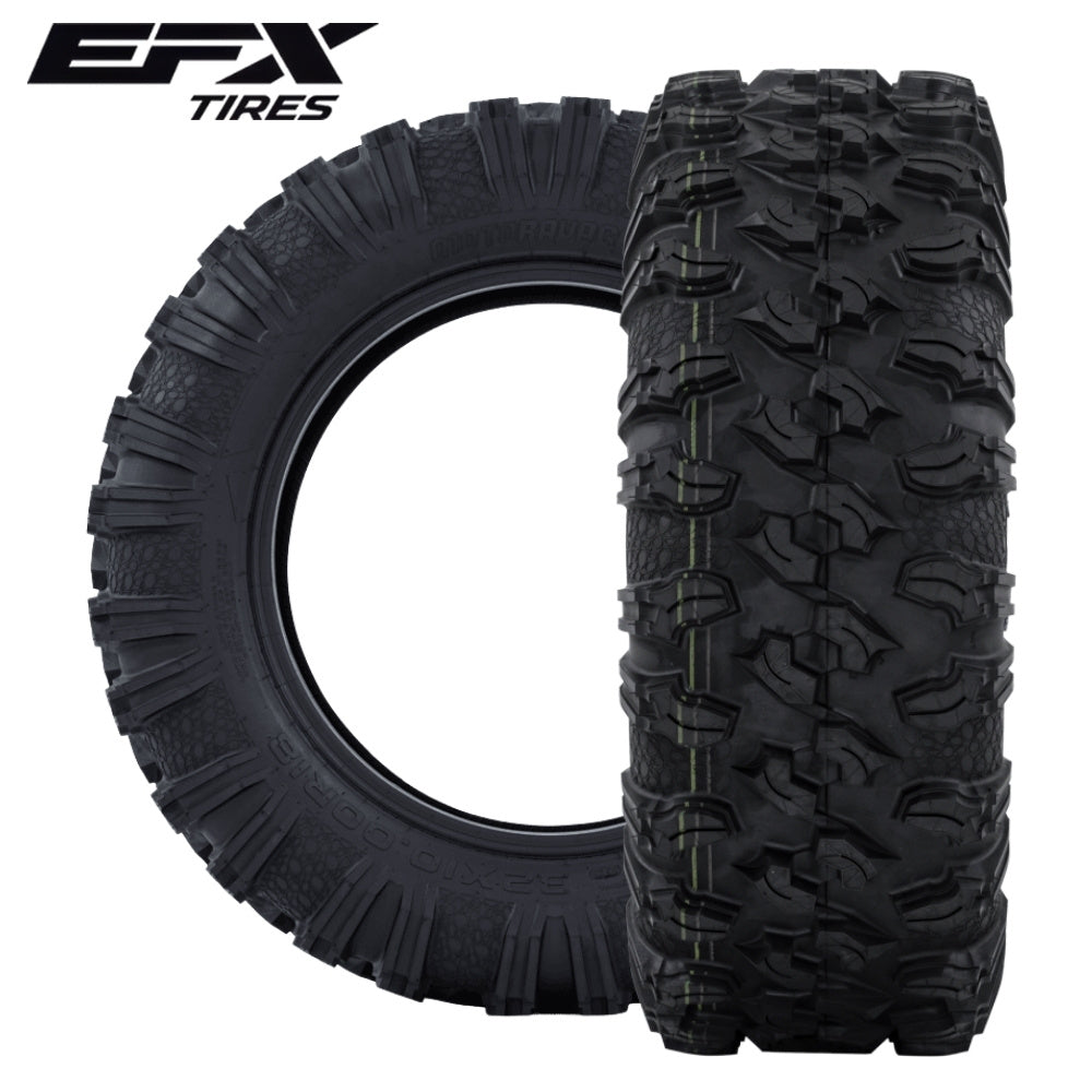 Two EFX MotoRavage Tires, one side profile in background and one tread profile in foreground with EFX logo