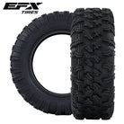 Two EFX MotoRavage Tires, one side profile in background and one tread profile in foreground with EFX logo