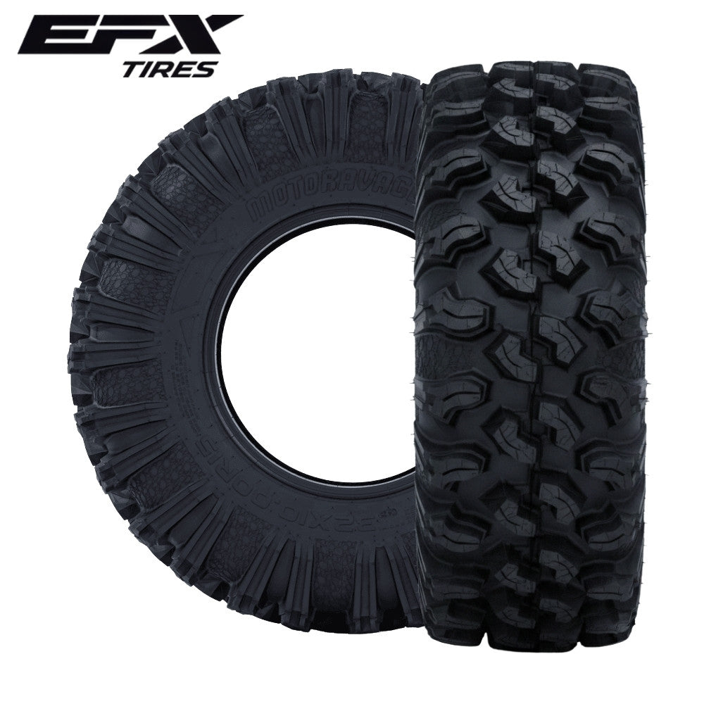 Two perpendicular EFX MotoRavage XL UTV tires with prominent tread pattern on a white background, featuring EFX Tires logo.