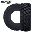 Two perpendicular EFX MotoRavage XL UTV tires with prominent tread pattern on a white background, featuring EFX Tires logo.