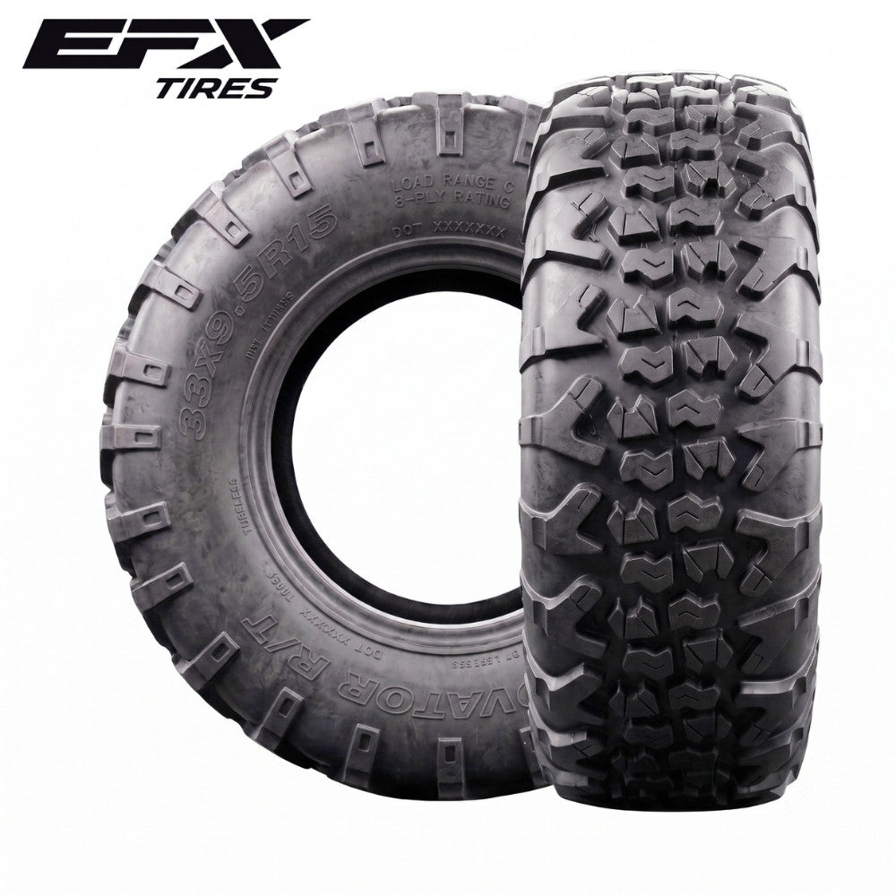 Two EFX Motovator R/T tires with prominent tread pattern on a white background, featuring EFX Tires branding.