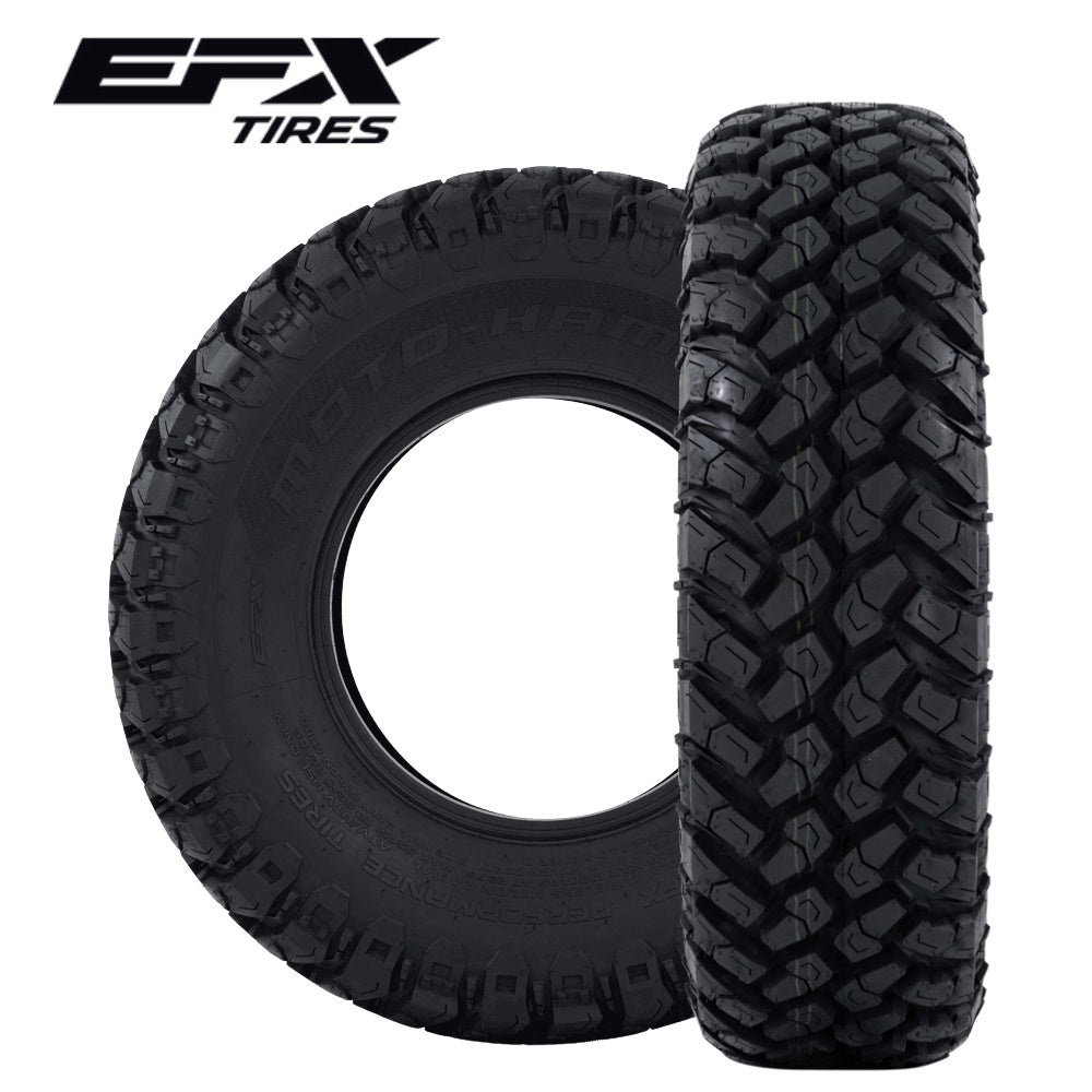 Two EFX MotoHammer tires perpendicular to each other with EFX tires logo