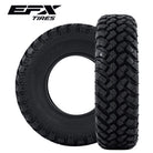 Two EFX MotoHammer tires perpendicular to each other with EFX tires logo
