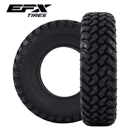 Two EFX MotoHammer tires perpendicular to each other with EFX tires logo