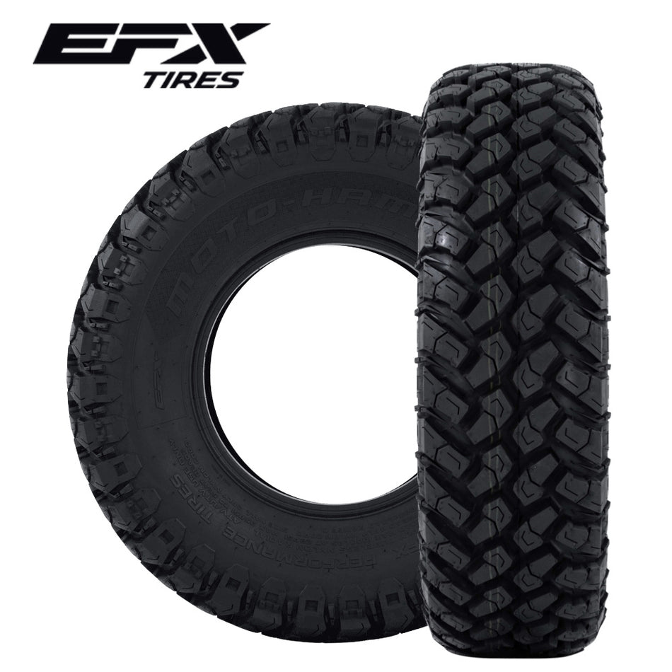 Two EFX MotoHammer tires perpendicular to each other with EFX tires logo
