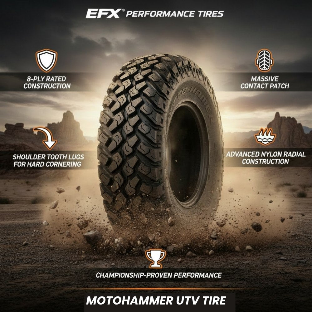 Lifestyle image of the EFX MotoHammer  tire on desert/rocky terrain with main features and benefits highlighted