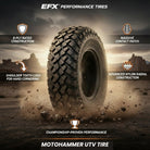 Lifestyle image of the EFX MotoHammer  tire on desert/rocky terrain with main features and benefits highlighted