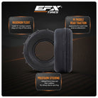 EFX Sandslinger tire promo image highlighting float capabilities, rear paddle traction, and precision steering. Sand dunes in background on dark overlay.