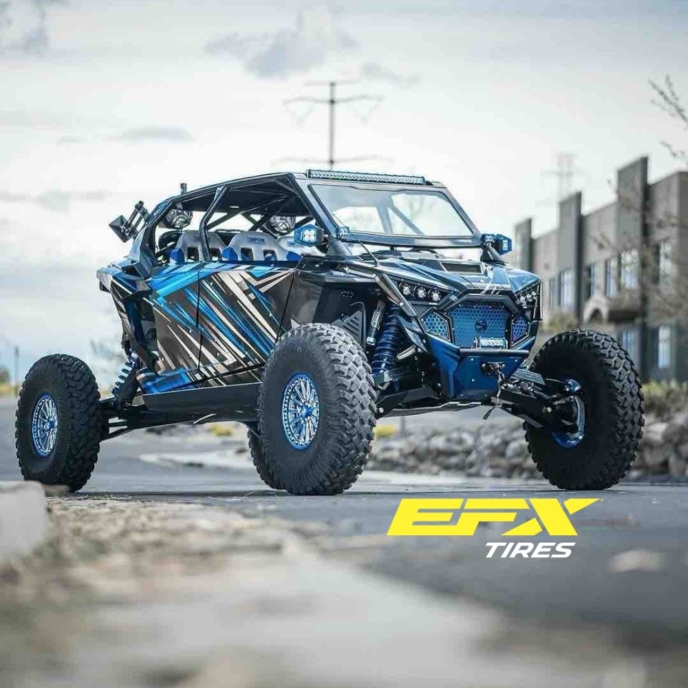 UTV with EFX tires in an urban setting. EFX Tires logo placed in image.