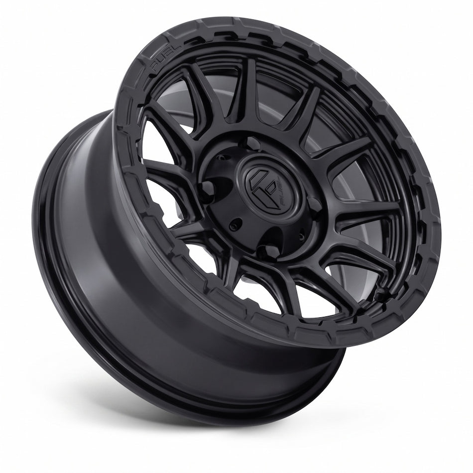 Fuel UTV FV866 Piston 15x7 4x137 Off-Road Wheel with Matte and Gloss Black Finish at a 3/4 angle on completely white background.