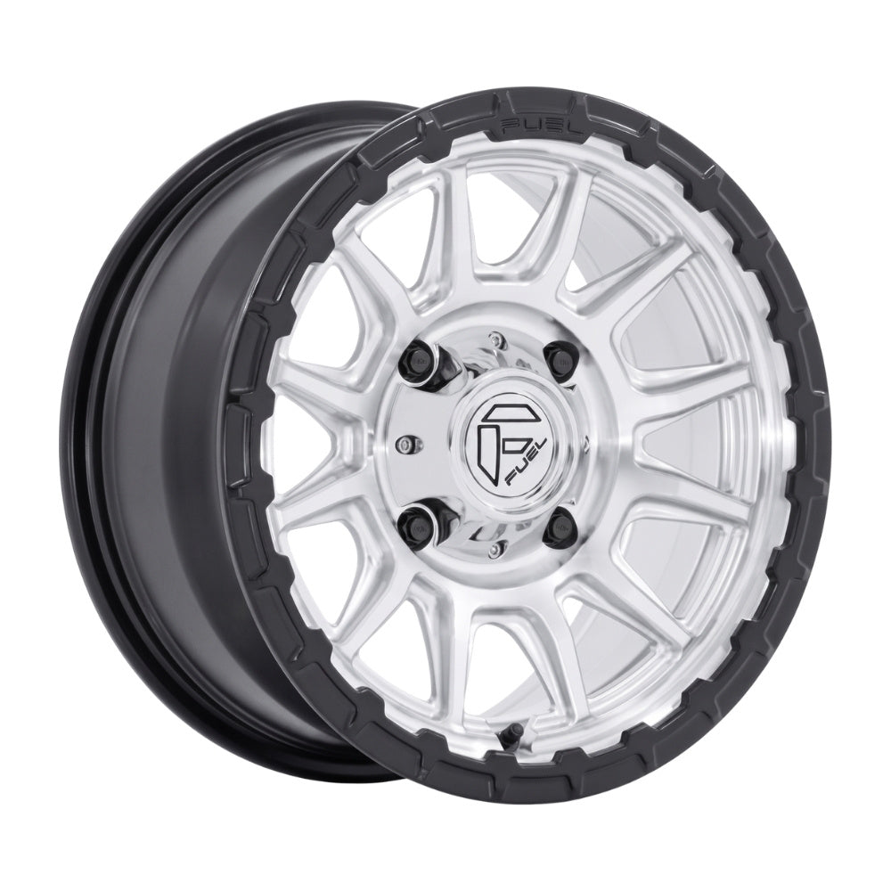 Fuel UTV FV866 Piston 15x7 Inch Wheel with Hyper Silver Machined Finish and Matte Black Lip on white background